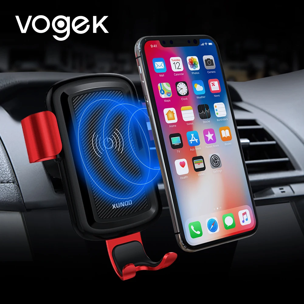 

Vogek Car Mount Qi Wireless Charger For iPhone X 8, 360 Degree Rotation Gravity Lock Fast Wireless Charging Pad Car Holder Stand