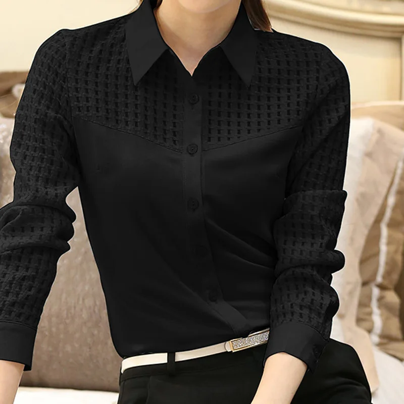  Charm Lady White Chiffon Blouses Plus Size S-4XL Turn Down Collar OL Clothing 2016 Women Black Shir