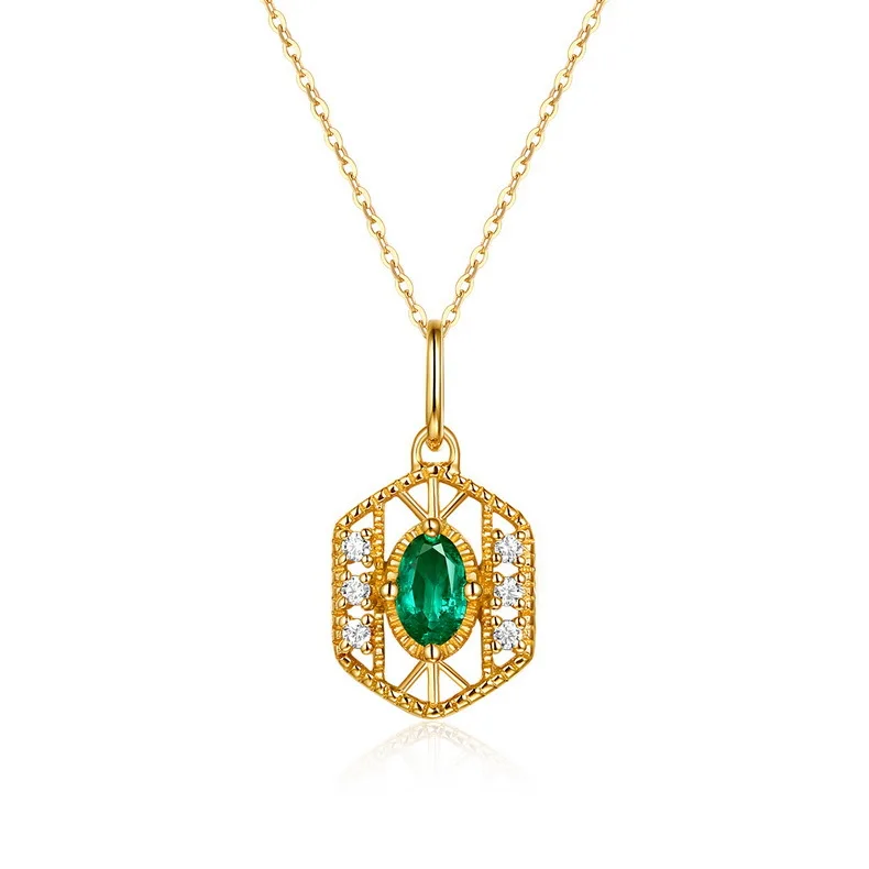 

Luxury Baroque Gothic 14K Pure Real Yellow Gold Emerald Hollow Pendant Necklace for Women Girl Solid Genuine Gemstone Charm Gift