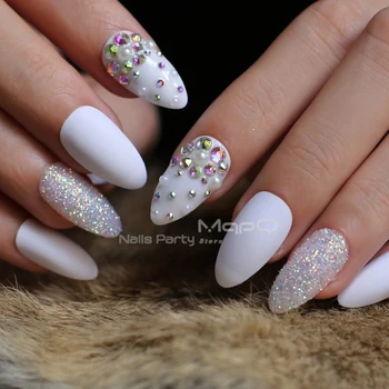 

24pcs white Medium stiletto nails matte false nails Design pearl Rhinestone Laser glitter Art design Cute Shining adhesive tabs