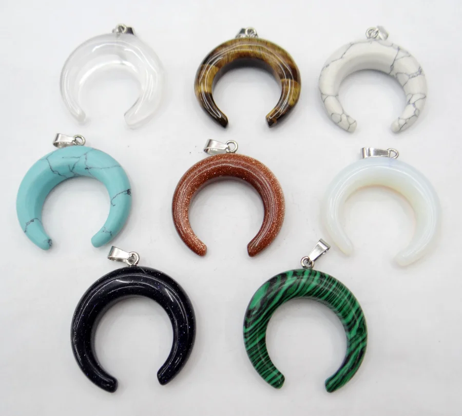 

wholesale 30mm 12pcs Natural Stone Pendants Moon Shape Crystal Agates stone Pendants for DIY necklace Jewelry Making