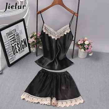 

Jielur Silk Satin Pajama Set Lace Patchwork Women Camis Top Shorts Sleeveless Lingerie Sexy Pyjamas Nightwear Pajamas