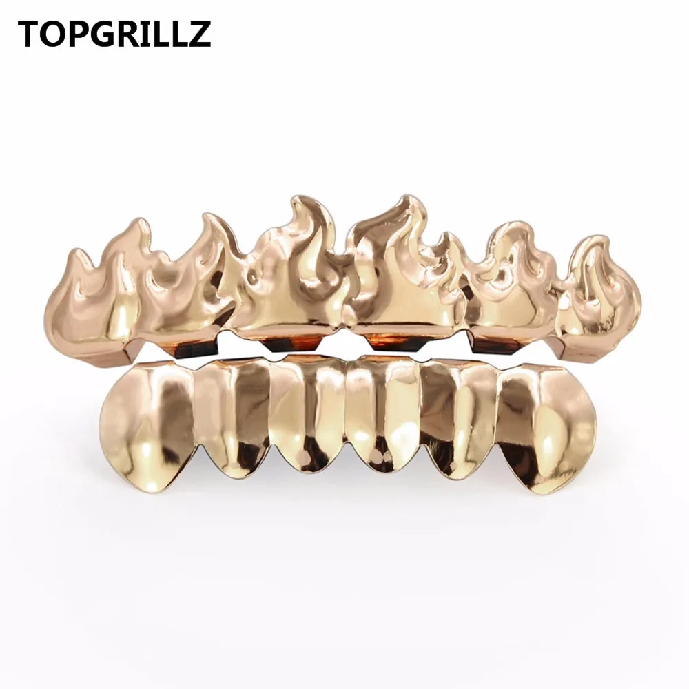 TOPGRILLZ позолоченные хип-хоп ЗУБЫ Grillz пламя лист сверху и снизу гриль набор с силиконовыми вампирскими зубами Рождественский подарок