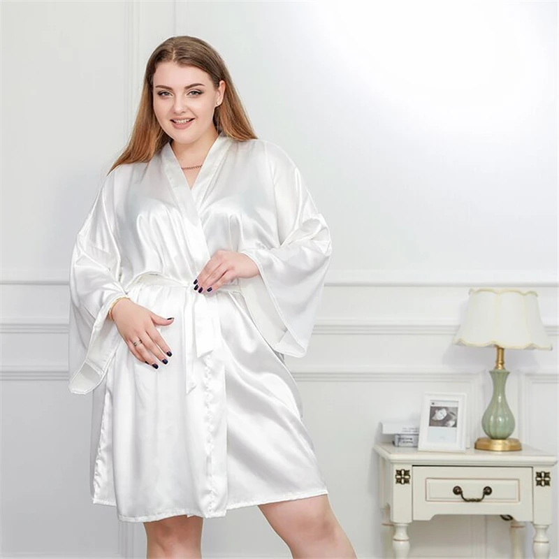 Шелковый халат-Кимоно размера плюс 4XL, женские атласные халаты для невесты, сексуальные халаты для невесты 100 кг, одежда для сна белого и черного цвета