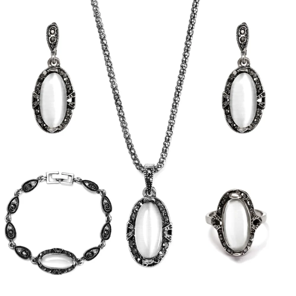 

Retro Grey Black Vintage Jewelry Sets Opal Pendant oval Shape Earring and Flat Herringbone Necklace Sets for Women