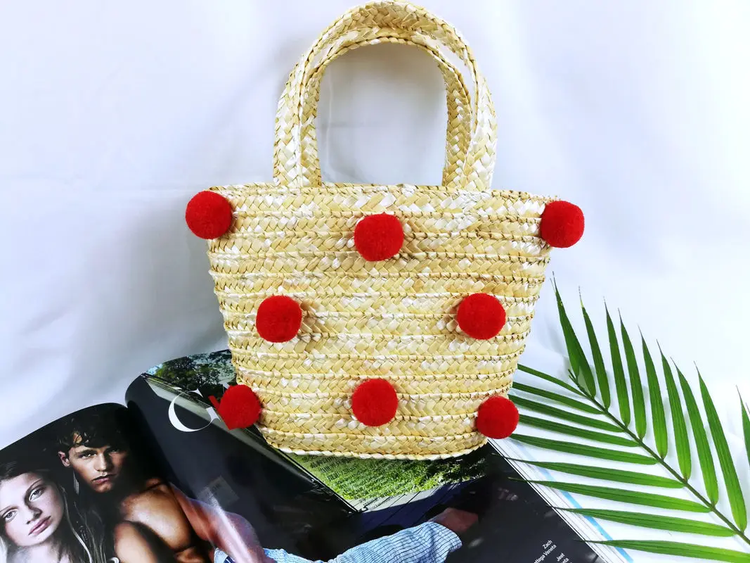 

Summer New Cute Embroidery Ball Children Straw Handbag Handmade Woven Bag with Pompom Female Bag 5 Colors