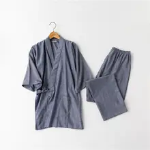 Летние мужские пижамы, Пижамный костюм, однотонное мужское кимоно, хлопковая одежда для сна, одежда для дома в японском стиле, одежда для сна, 2 предмета, халат и штаны, размер M L