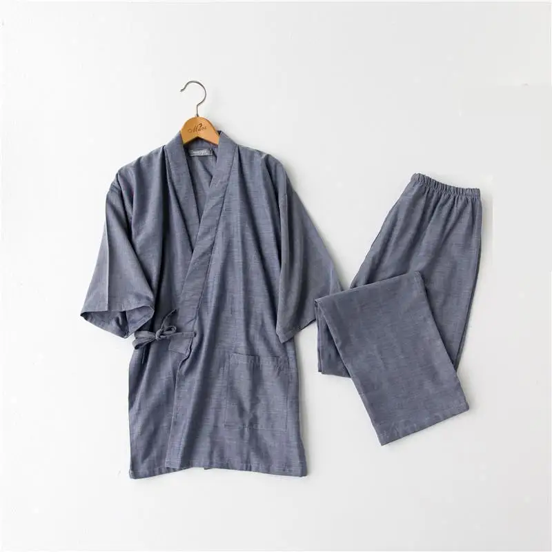 

Summer Men Pajamas Pyjamas Suit Solid Male Kimono Cotton Sleepwear Home Wear Japanese Style Nightwear 2 PCS Robe&Pant Size M L