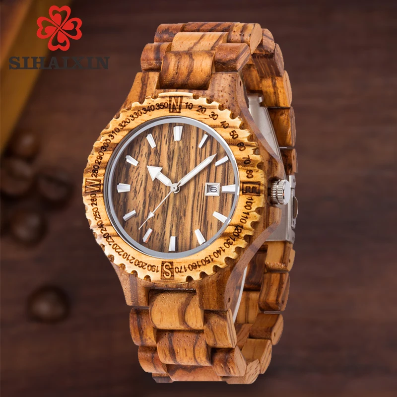 

men wooden watch 2018 quartz wrist watches with sandalwood strap Calendar clock male luxury brand sport watch with gift box