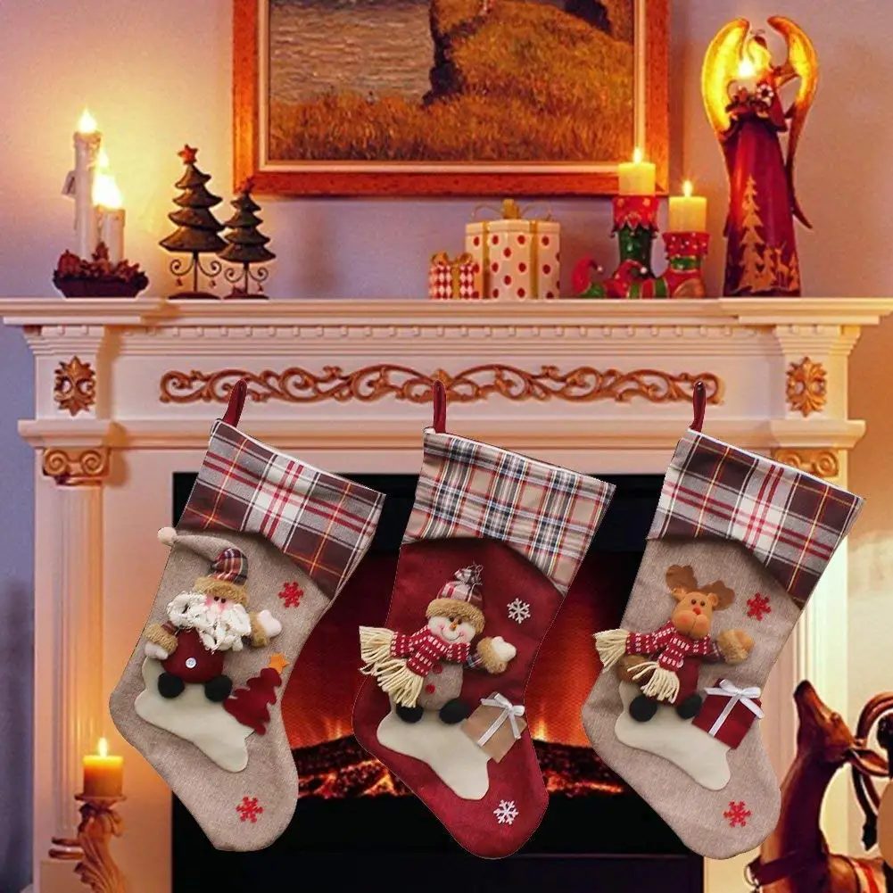 

Christmas Stocking Set of 3 Santa, Snowman, Reindeer, Xmas Cuff Christmas Decorations and Party Accessory
