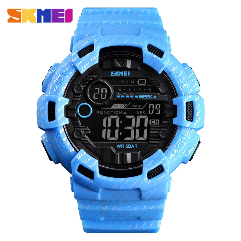 SKMEI модные спортивные часы для улицы Для мужчин будильник 5Bar Водонепроницаемый неделю Дисплей цифровые часы relogio masculino 1472 - Цвет: Light blue