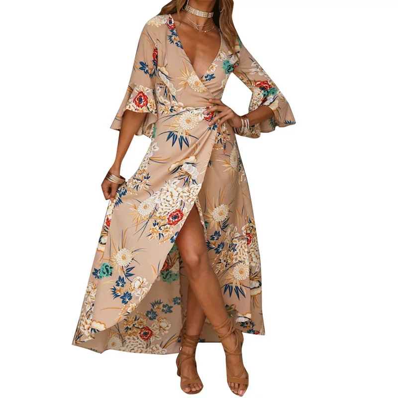 Sexy Floral Printed Long Beach Dress Women 2019 Swimsuit Cover Ruffle