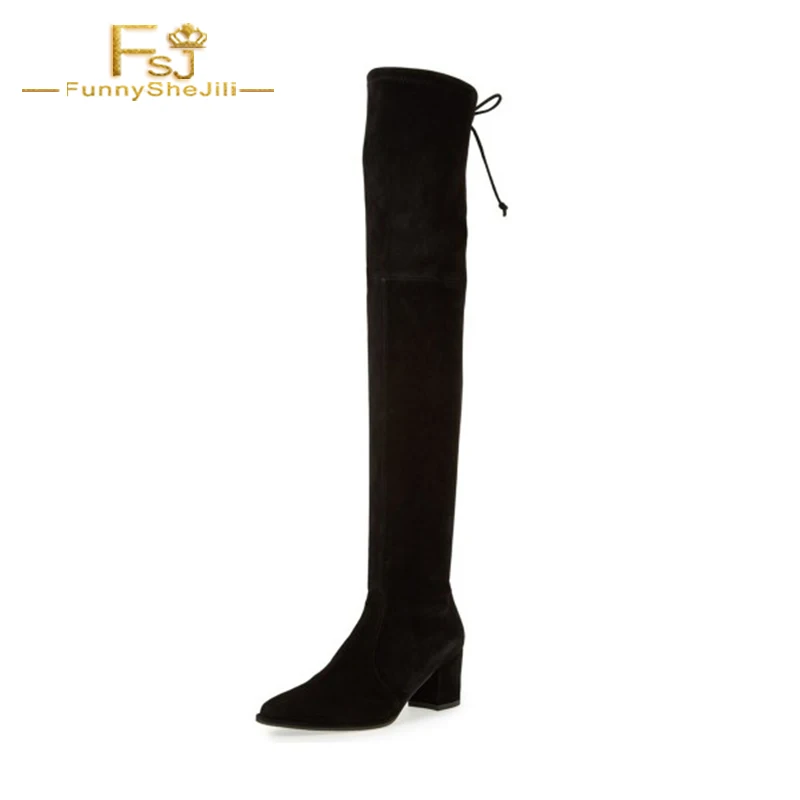 Fsj01 Fsj Sobre Tacón Botas Zapatos fsj04 Elástico Tamaño Vestido Punta Estrecha Chunky Largo Casual Grande La Negro fsj02 Suede Rodilla Alto fsj03 Mujer qvw4HxU