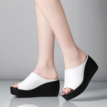 

YMECHIC 2019 Summer Platform Women Slippers Wedges Shoes White Black Genuine Leather Slipper Ladies Slides Womans Shoes Sandals