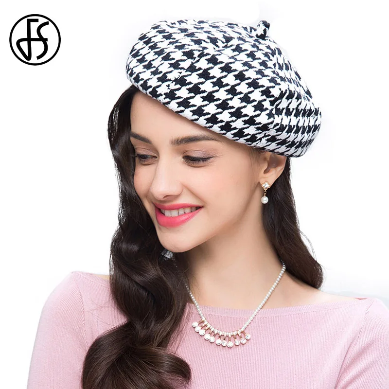 FS Vintage Black White Plaid French Wool Women Beret Hats Autumn Winter