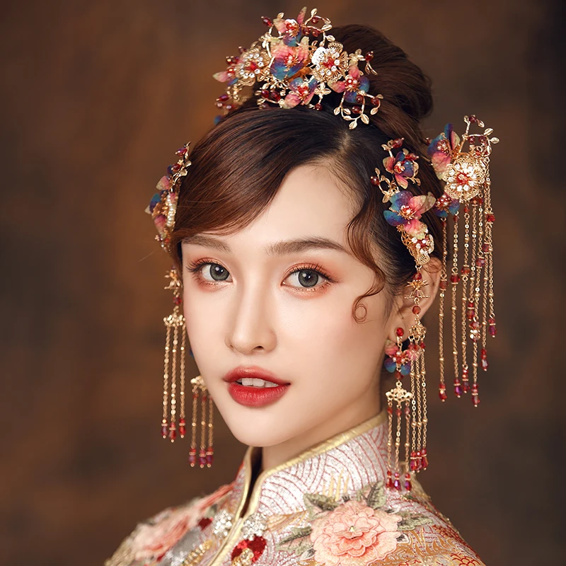 JaneVini Традиционный китайский свадебный головной убор Костюм Древний розовый бисером шпилька с серьгами Свадебные украшения Аксессуары для волос