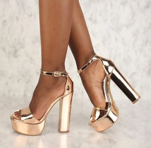 Sandalias de tacón cuadrado para zapatos de tacón grueso plataforma alta y correa en el tobillo, color oro rosa, oferta|Sandalias de mujer| - AliExpress