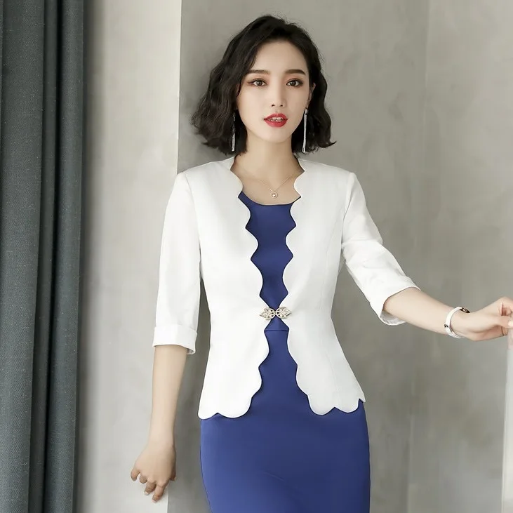 

Fashion Ladies White Blazers Women Jackets Half Sleeve Ladies Work Wear Office Uniform Design OL Style