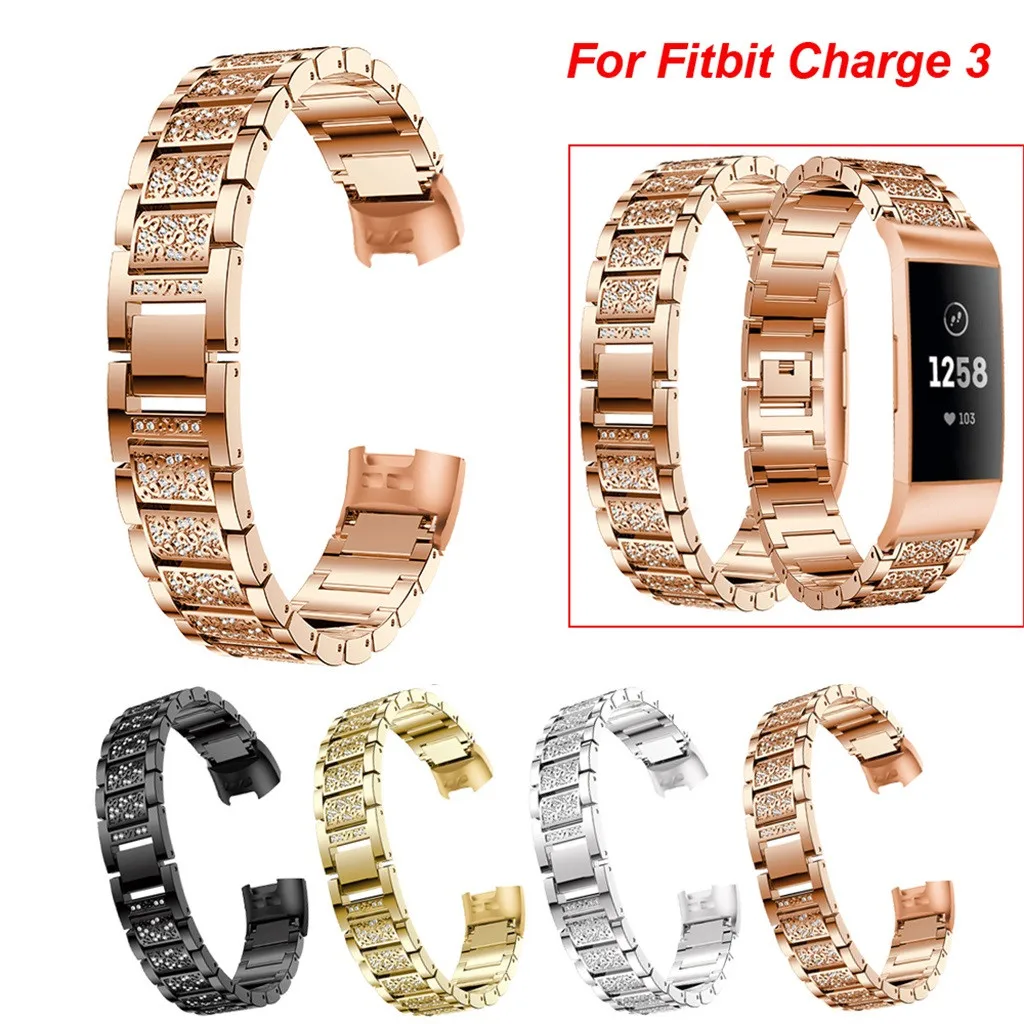 

SmartWatch Smart Watch Strap Smartband mi band Watch Bands For Fitbit Charge 3 Bracelet Stainless Steel Diamond Replacement FIT