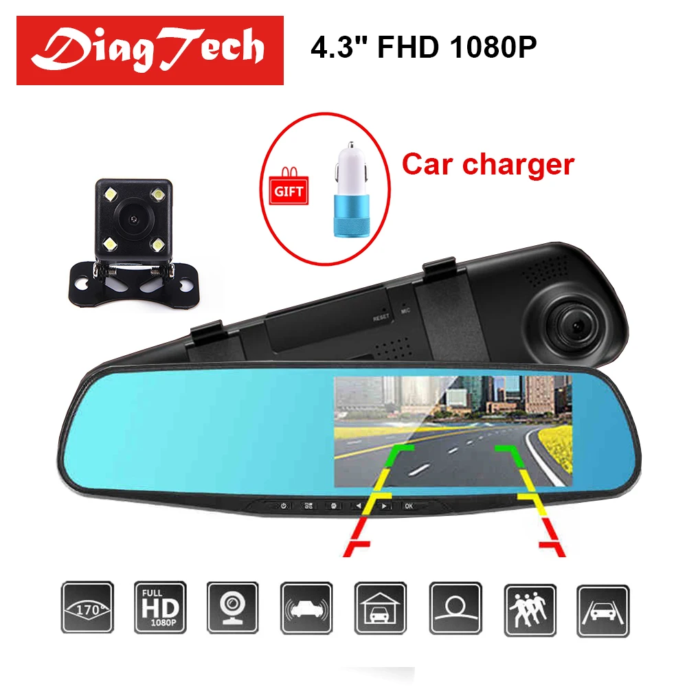 Gryan 4.3'' Car Rearview Mirror Car Dvr Camera HD 1080P Rear View Mirror Digital Video Recorder Dual Lens Auto Dash Cam
