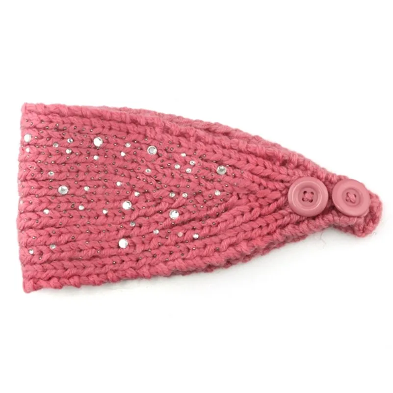 Pink Тюрбан Женский вязаный крючком ушной Теплый головной убор вязаная лента для волос большие стразы головные уборы аксессуары 10 цветов - Цвет: Pink