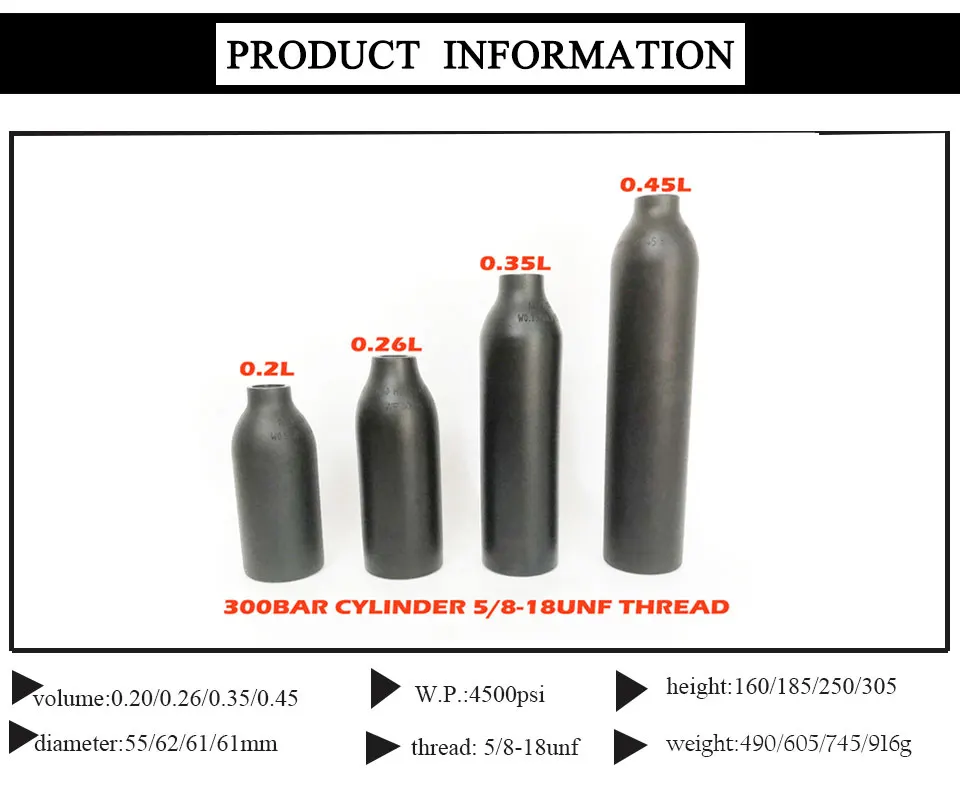 QUPB PCP Пейнтбол 4500PSI цилиндр высокого давления 5/8-18 unf-нить 0.2L 0.26L 0.35L 0.45L