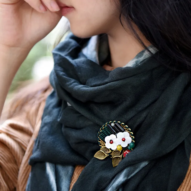 shell flower brooches for women natural black red stone broche vintage brooch pins ethnic jewelry  (7)