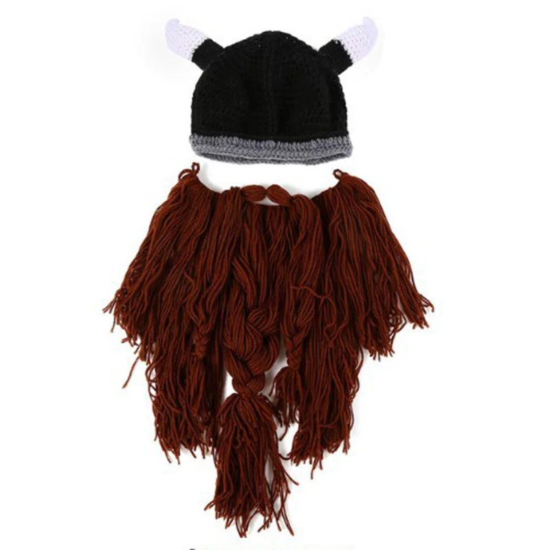 Bearded Horns Hand-knitted Hat Men Funny Gag Halloween Cap Winter Warm Handmade Barbarian Viking Beanie Beard Horn Caps CP0170  (4)