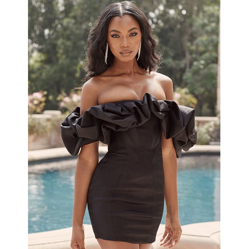 

2019 New Summer Women Dress Slash Neck Puff Sleeve Dress Sexy Bodycon Elegant Celebrity Party Black Mini Dresses Club Vestidos