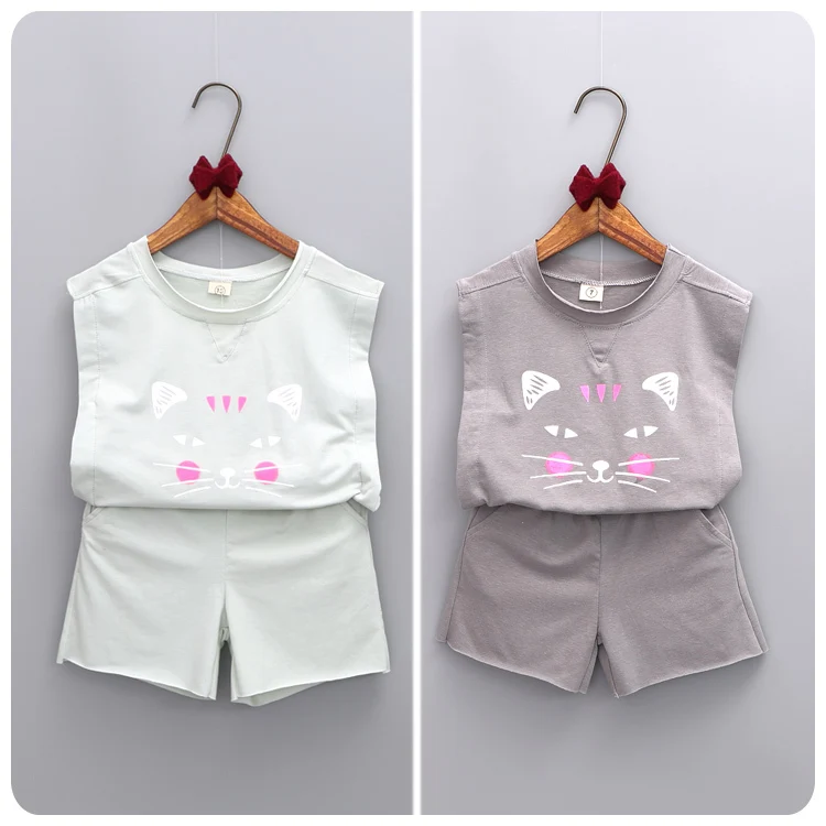 

2016 Korean Children's Garment Summer 2 Pieces Set New Pattern Girl Kitty Sleeveless Pity Undershirt Shorts Tight Pants Suit