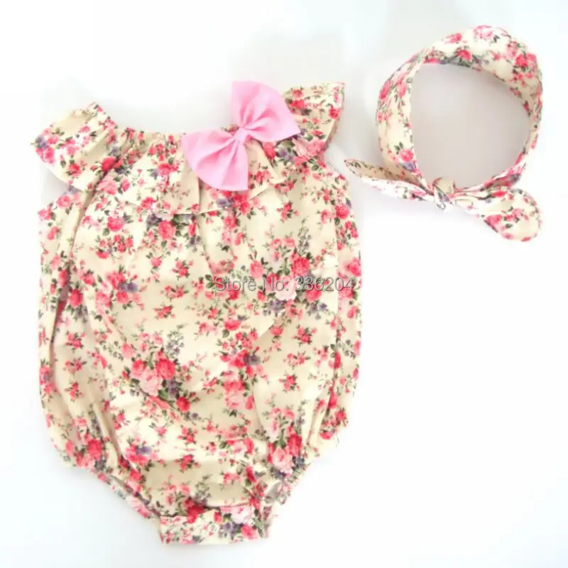 

New Arrival Baby Girls Floral Printed Cotton Romper with Knot Headband