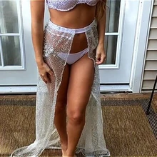 Женская модная блестящая пляжная летняя юбка, расшитая блестками, популярная сексуальная белая Золотая Длинная пляжная юбка с разрезом