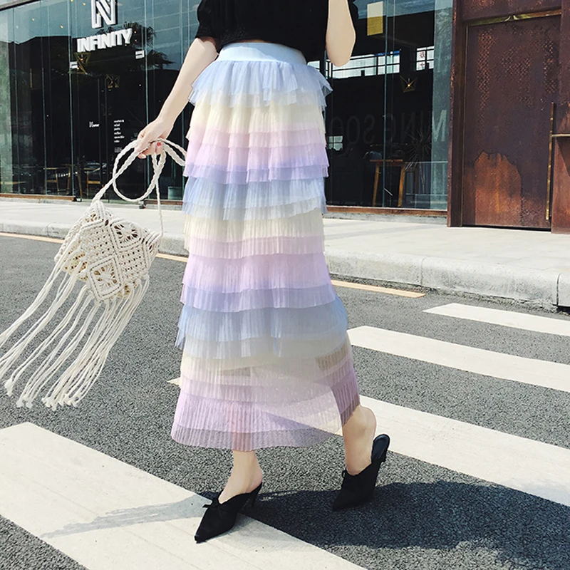

BGTEEVER Summer Tiered Chiffon Skirts Women Fashion Rainbow Color Long Maxi Beach Skirt Female Bohemian Long Skirts