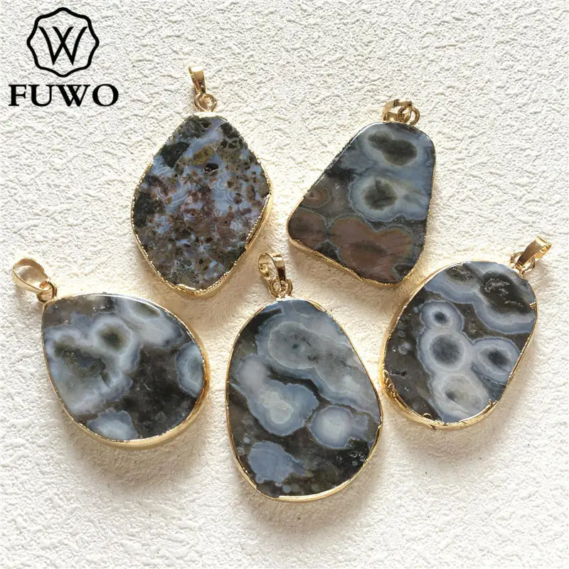 

FUWO High Quality Marine Agates Pendant With Gold Trimmed Real Ocean Stone For Jewelry Making PD253