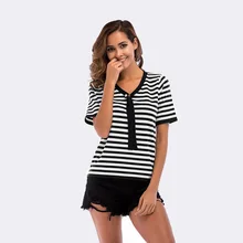 SimAi модные женские топы с бусинами и галстуком Летние повседневные полосатые футболки с коротким рукавом с v-образным вырезом плюс размер трикотажные хлопковые футболки топы