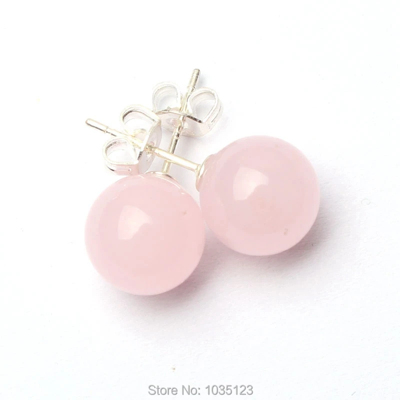 

Free Shipping 10mm Pretty Smooth Round Shape Natural Light Pink Color Stone Vogue Sterling Silver Earrings 1 pair w2807