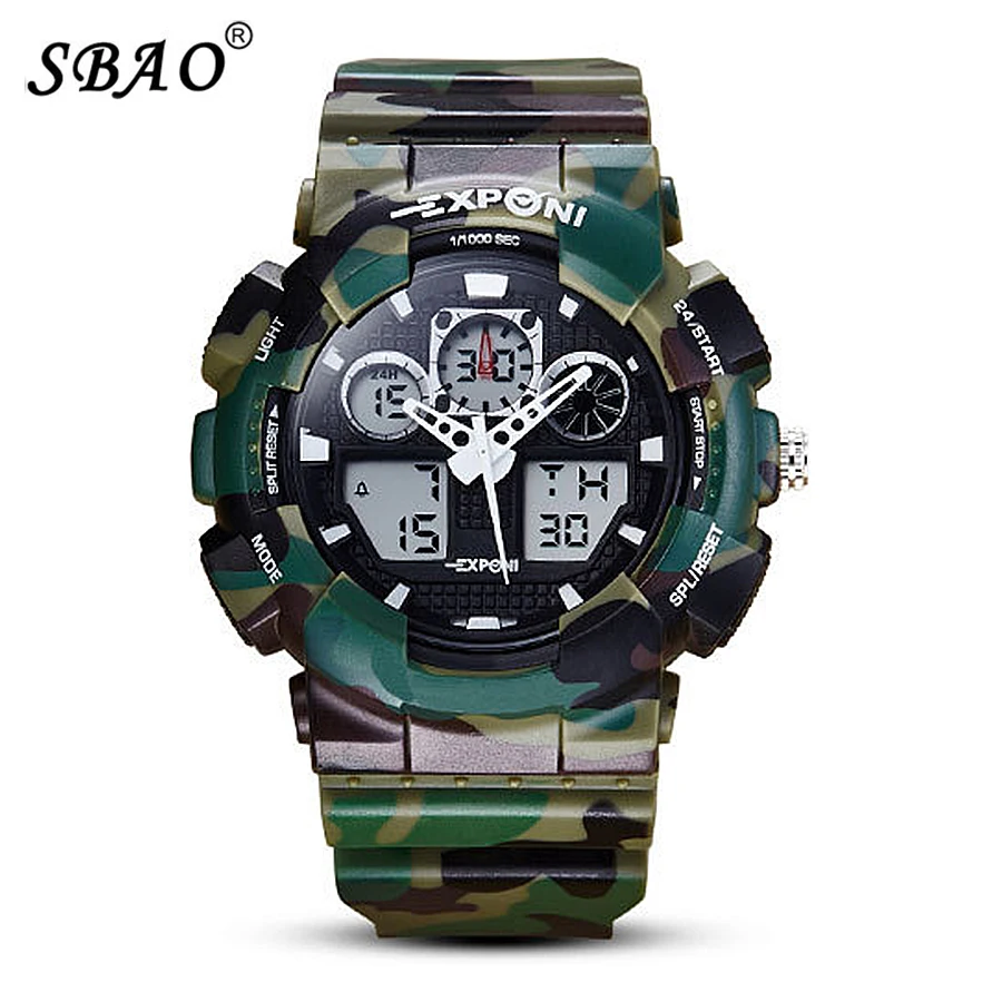 SBAO Luxury Men Sports font b Watch b font 2 Time Zone Digital Quartz font b