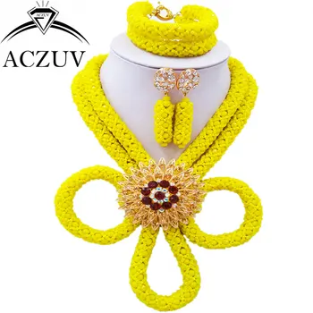 

ACZUV Women Fashion Yellow African Wedding Beads Nigerian Beaded Jewelry Set BZK009
