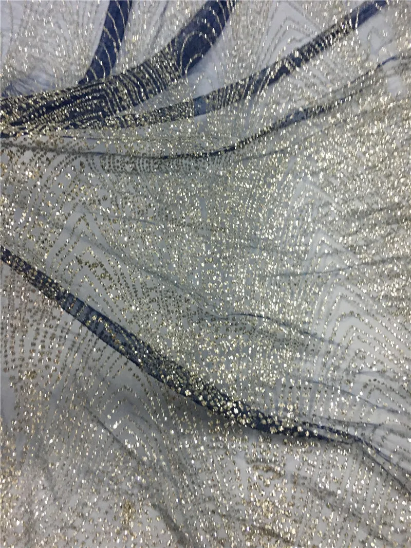 

5yards H-181039 stock Sexy silver pattern glued glitter dark blue tulle mesh lace fabric for sawing dress/haute couture