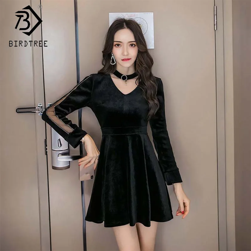 

New Spring Women Patchwork Sexy Mesh Velvet Dress V Neck Metal Ring Elegance High Elastic Waist Office Lady Short Dress D91823I