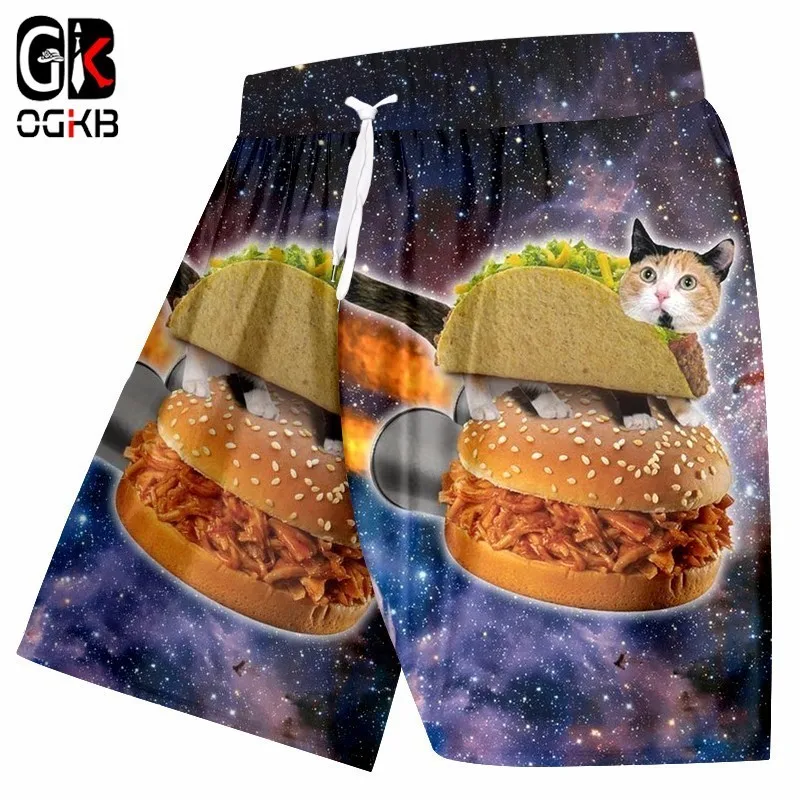 OGKB новые модные мужские пляжные шорты с забавным принтом гамбургер инопланетянин Кот 3D мужские шорты Бодибилдинг Фитнес для похудения