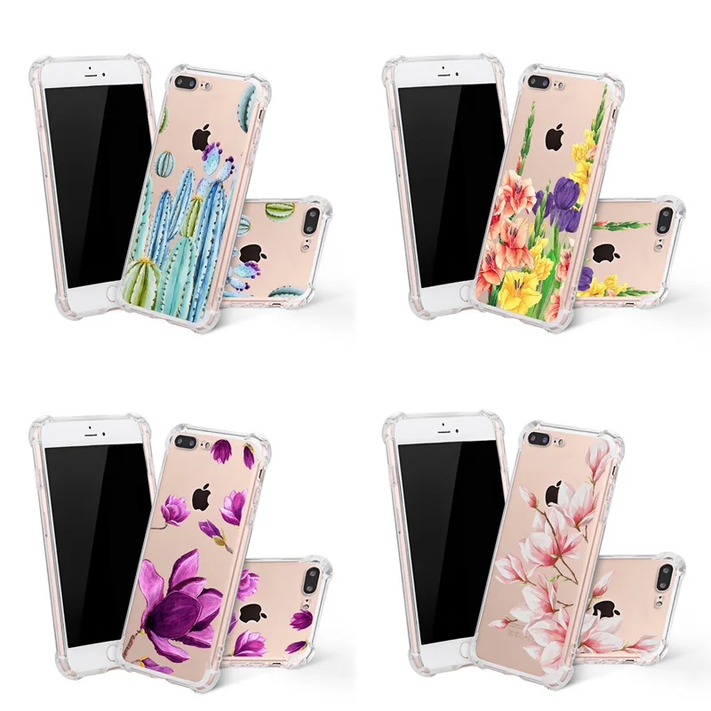 Floral Phone Case For iPhone X XR XS Max 6 6S 7 8 Plus Print Pattern Shockproof Slim Flower Soft Transparent TPU Clear Cover