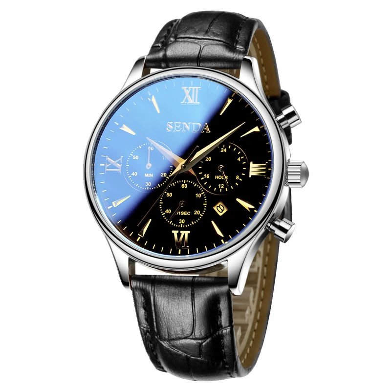 Men Fashion Quartz leather Watch Automatic three dials business wristwatch top quality famous waterproof clock vintage