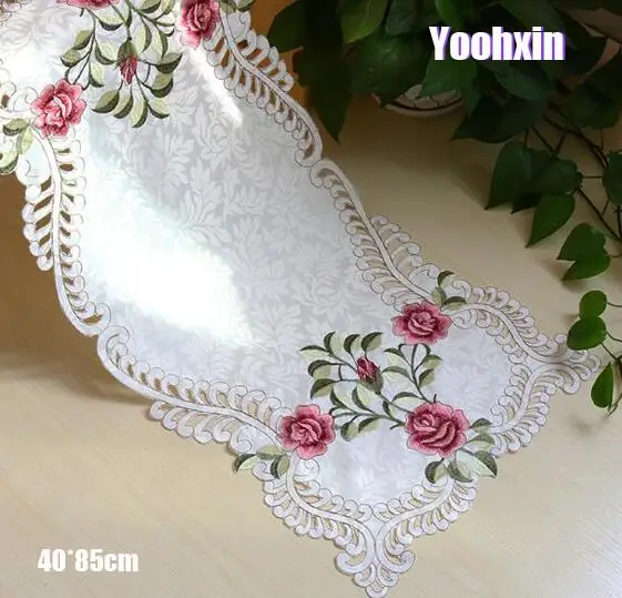 

Luxury satin pink Embroidery bed Table flag Runner cloth cover dining Lace tea tablecloth placemat party Christmas Wedding decor