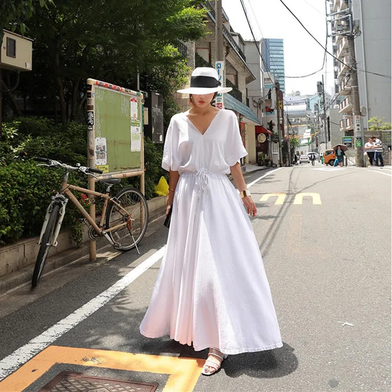 

Johnature 2019 Summer Cotton Linen Plus Size Loose Korean High Wiast Tie Women Dresses New Solid Color Batwing Casual Dress