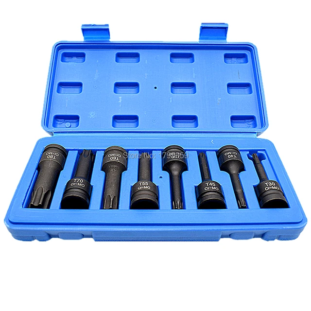 Enchufe de estrella Torx Bit de 1/2 ", unidad cuadrada, conjunto de 8 Uds. De brocas T30, T40, T45, T50, T55, T60, T70 y T80 CR-MO, herramienta de puntas de impacto, de 78mm de largo con estuche Enchufe de estrella Torx Bit de 1/2 ", unidad cuadrada, conjunto de 8 Uds. De brocas T30, T40, T45, T50, T55, T60, T70 y T80 CR-MO, herramienta de puntas de impacto, de 78mm de largo con estuche