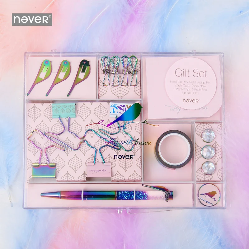 

Never Fly Bird Series Gift Stationery Sets Paper Clips Binder clip Sticky Note Pen Gift Box Package For Teachers School Supplies