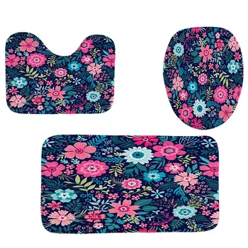 

4Pcs Home Bathroom Decor Set Pink Flowers Pattern Toilet Seat Cover Bath Mat Set+ Waterproof Shower Curtain