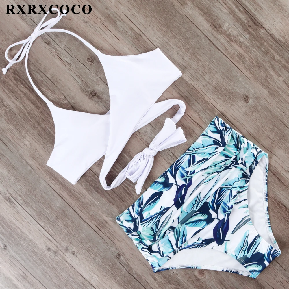 

RXRXCOCO New Sexy High Waist Swimsuit Women Swimwear Push Up Cross Bandage Bikinis 2019 Mujer Set Sexy Printed Bathing Suits
