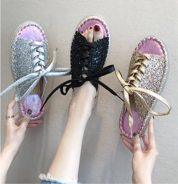 

Women's Slippers Fisherman Shoes 2019 Summer Fashion Sequins Straw Female Slippers Lace Up Woman Shoes Slip Loafers